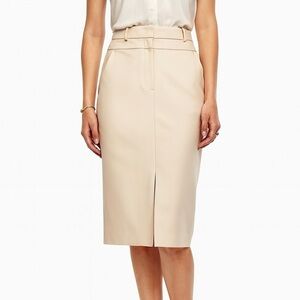 Ann Taylor Petite Pencil Skirt 10P Khaki Belted Cotton Blend Tan With Pockets